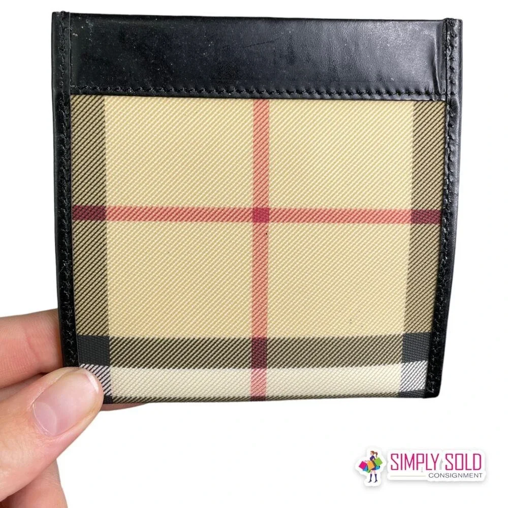 Burberry Vintage Nova Check Wallet Card‎ Coin Holder Black Tan Leather England